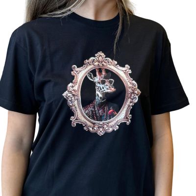 T-shirt donna nera con stampa Giraffa su quadro e applicazione di strass FYF FN16